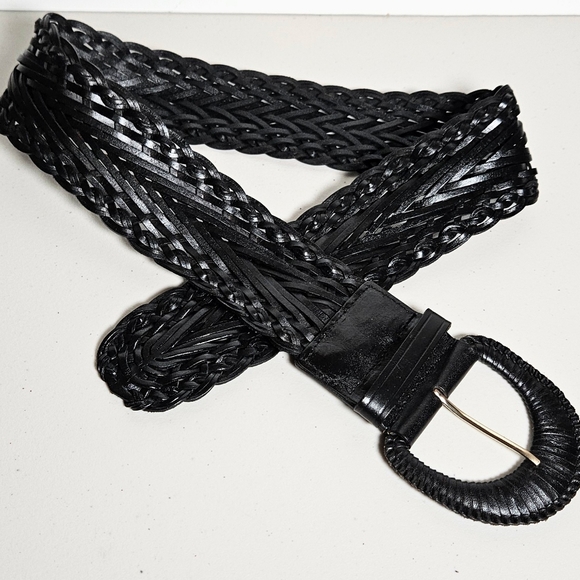 Talbots Woven Wide Leather Belt Black Boho Dressy Casual M - Picture 3 of 7